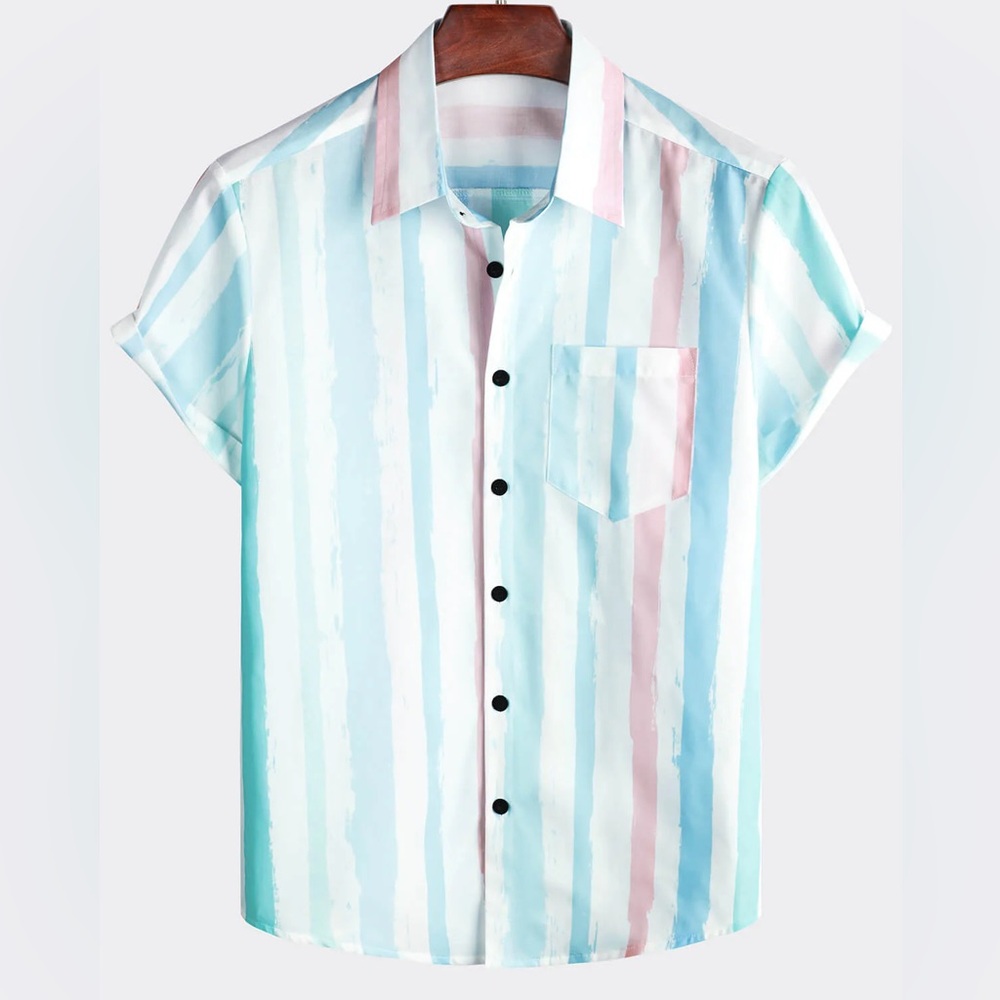 Men’s Blue and Pink Striped Summer Vacation Shirt